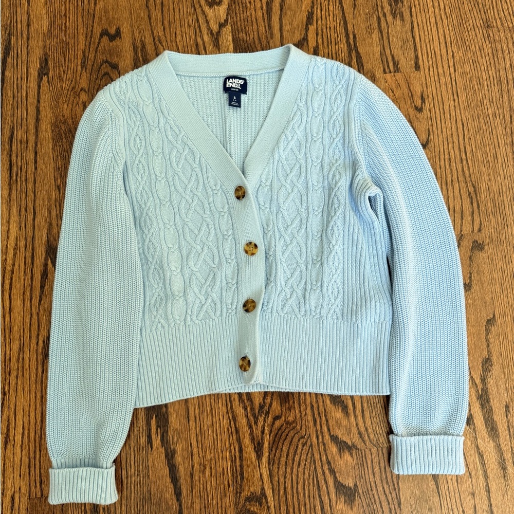Lands' End Women's Drifter Soft Blue Cable Cardigan